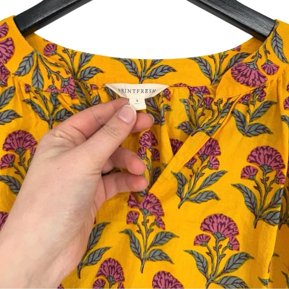 Printfresh Countryside Drives Puff Sleeve Peplum Blouse Small Gold Floral Boho - Picture 6 of 8